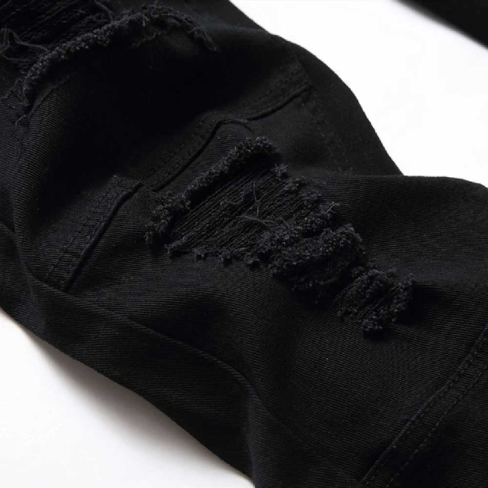 Men Black Stretch Skinny Fit Pencil Jeans Trousers Knee Ripped Distressed Motorcycle Biker Jeans Pants For Mens J251030