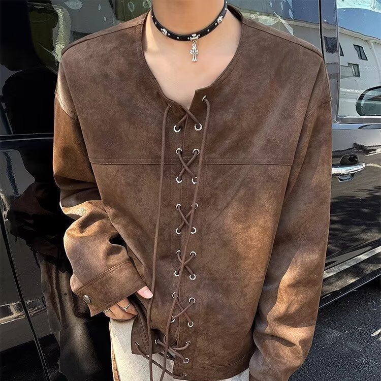 Spring And Autumn New Drawstring Double-breasted Back Fly Design American Style Brown Motorcycle Designer Jacket Leather Jacket Men's Jacket