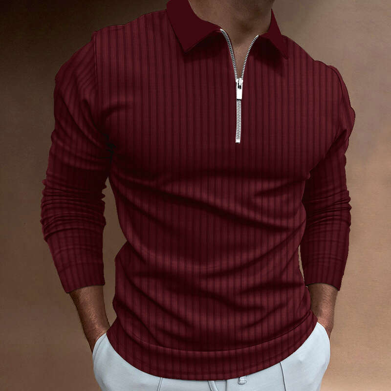 Men's Autumn Sports Fitness Casual Stand Collar Stretch Vertical Stripe Long Sleeve Zipper Polo Shirt