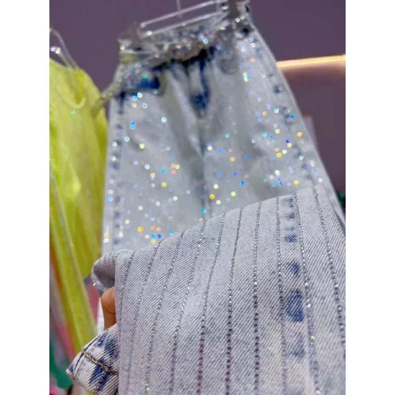 Retro Heavy Work Loose High Waist Straight Leg Jeans Full Body Vertical Diamond Pattern Fashionable Womens Denim Pants 251029