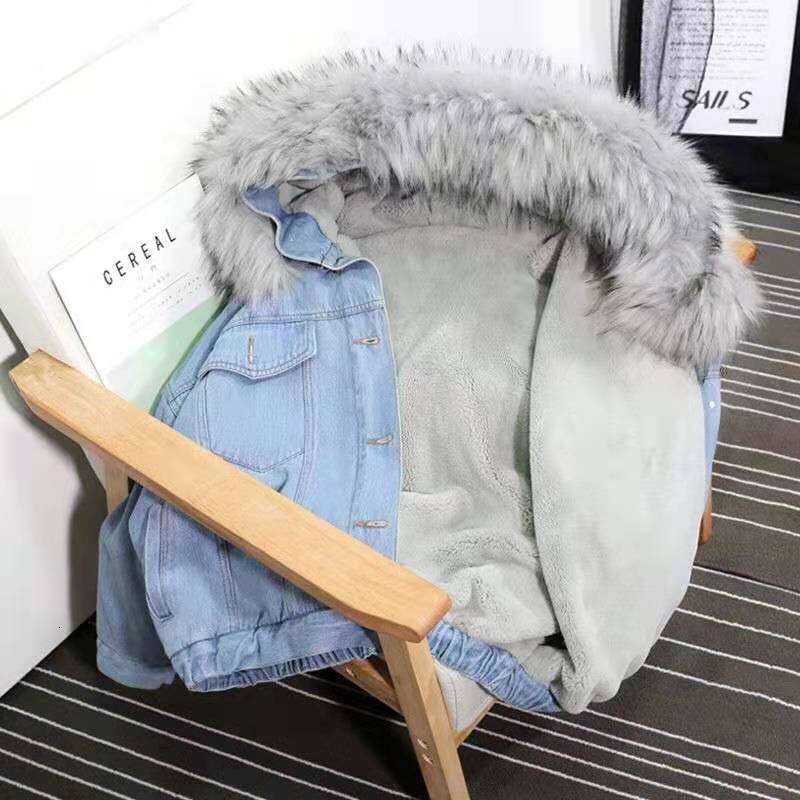Women's Clothing Autumn And Winter New Denim Korean Style Loose Female Students Plus Veet Thickened Large Fur Collar Hooded Jacket For Women