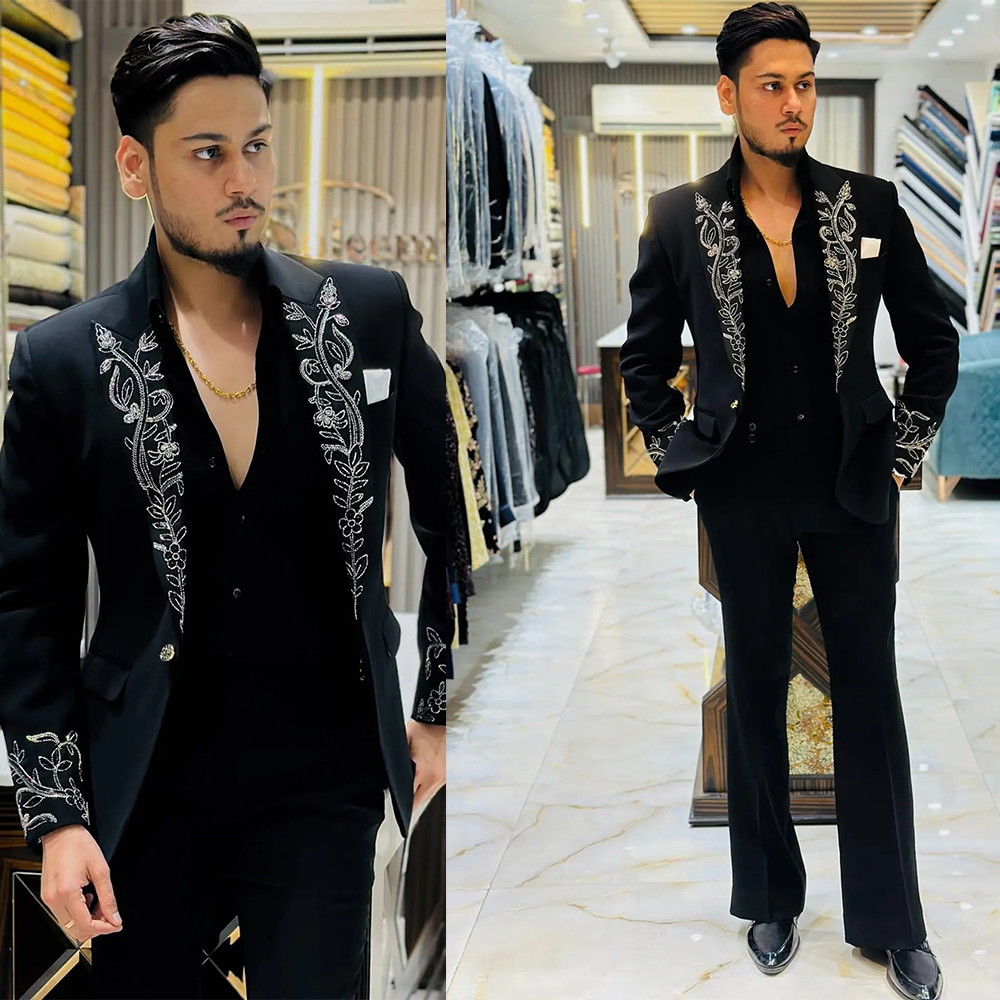 Slim Fit Men Suits Customized Appliques Peaked Lapel Groom Wear Wedding Party Tuxedos 2 Pieces Pants Male Costumes Homme