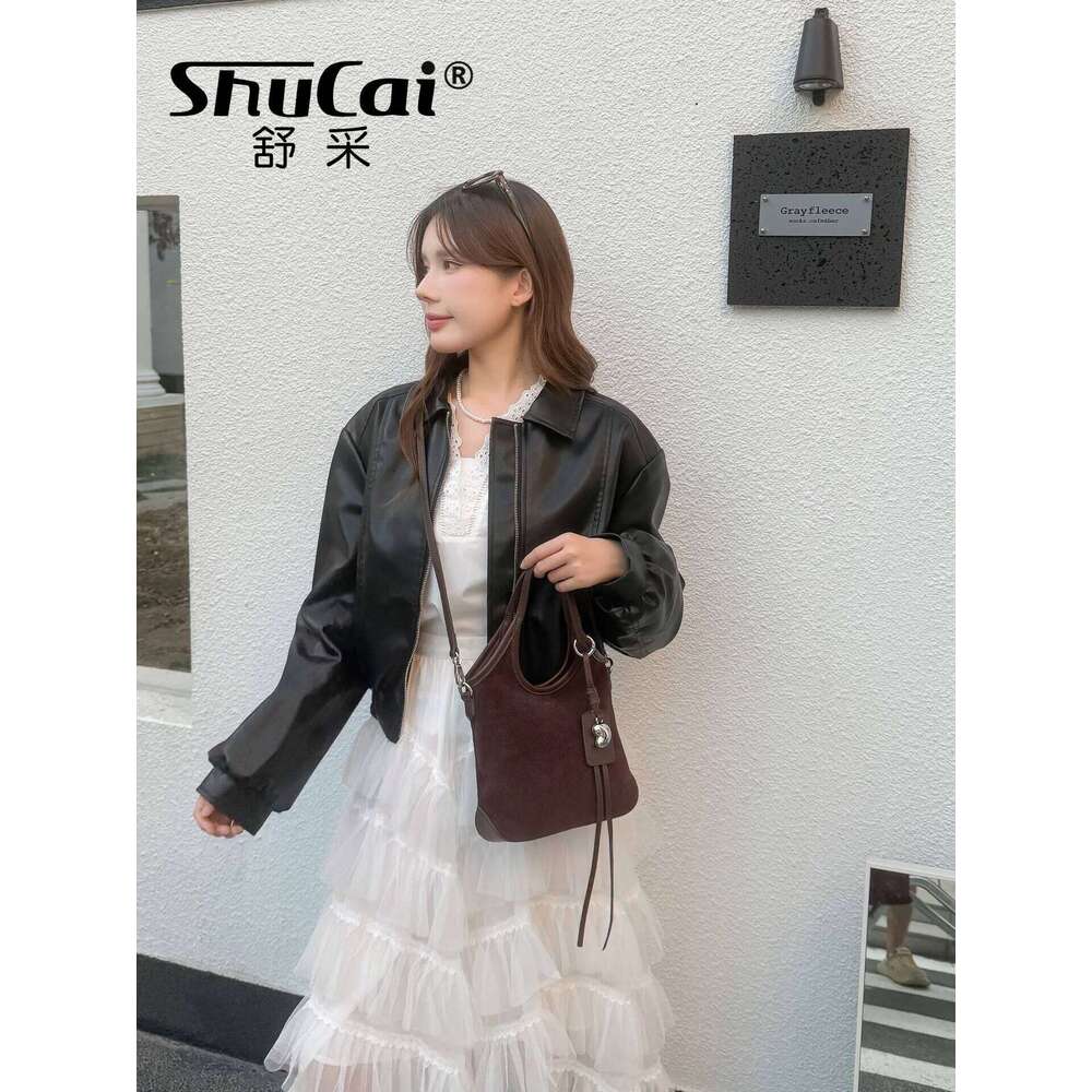 Genuine Grade Matte Suede Leather Women's Handbag Designer Brand Shoulder Crossbody Bucket Bag Cowhide Female Tote New