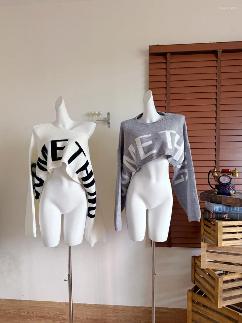 Women's Sweaters Letter Print Loose Crop Sweater Spring Autumn Casual O Neck Lady Solid Color Pullover Large And Long Sleeve Short Jumper