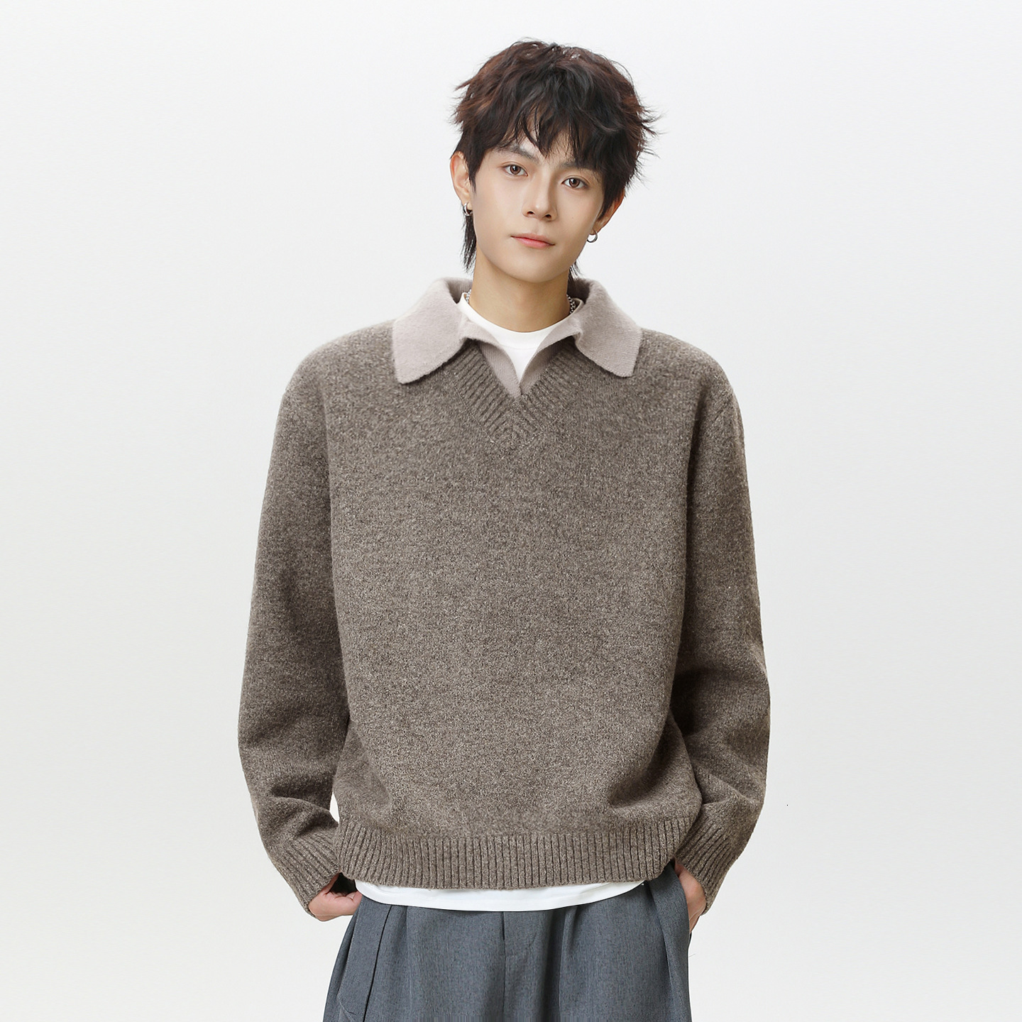 Old Money Style Textured Fake Two-piece V-neck Sweater For Men Designer Sweater New Autumn And Winter Polo Collar Knitted Warm Jacket