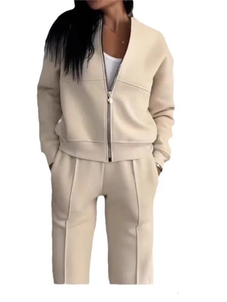 Women Tracksuit 2 Pieces Set Fashion Long Sleeve Zipper Coat Casual Solid Sweatshirt Straight Pants Suit Ladies Autumn Sportwear 251029