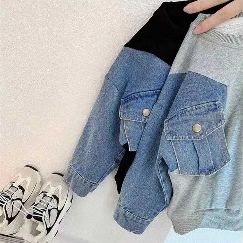 Boys Denim Sweatshirt Kids Stitching Sleeved Loose Sweater Casual Hoodies 2025 Spring Autumn Childrens Street Style ClothingT251030
