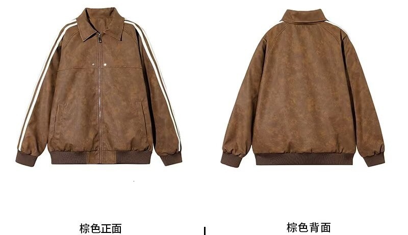 American Designer Jacket Style Striped PU Leather Jacket For Men And Women Spring And Autumn Trendy Brand Cool Casual Top Motorcycle Style Turn-down C