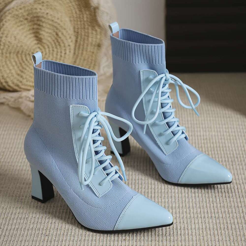 Women's Light Blue Pointed-Toe High-Heel Slip-On Chunky Heel Ankle Boots Elegant Fabric Upper With TPU Sole, Round Buckle Strap Low-Cut Design Fo