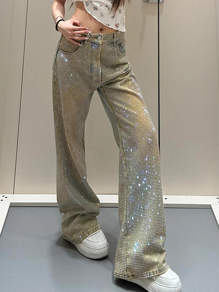 Y2K Women Diamond Jeans Spicy n Summer Spring Style Personality Star Print Niche Straight Leg Long Pants 251029