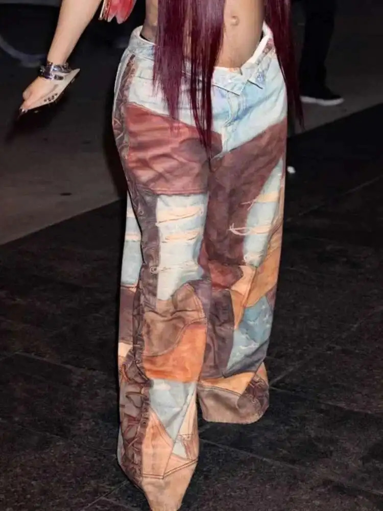 DEAT Fashion Womens Denim Chain Pants PU Leather 3D Printing Patchwork e Wide Leg Ripped Jeans Spring 7AB6843 251029