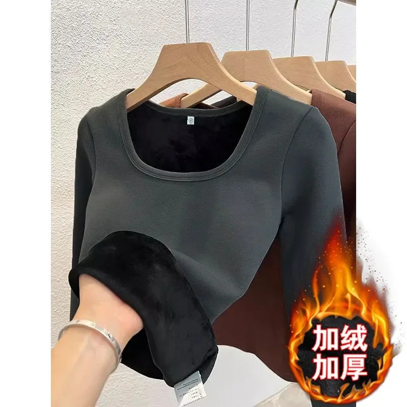 Winter Women Thermal Underwear Tops Square Collar Fleece Basic Pullover Autumn Crewneck Fashion Top Casual Thermal Shirt Women 251030