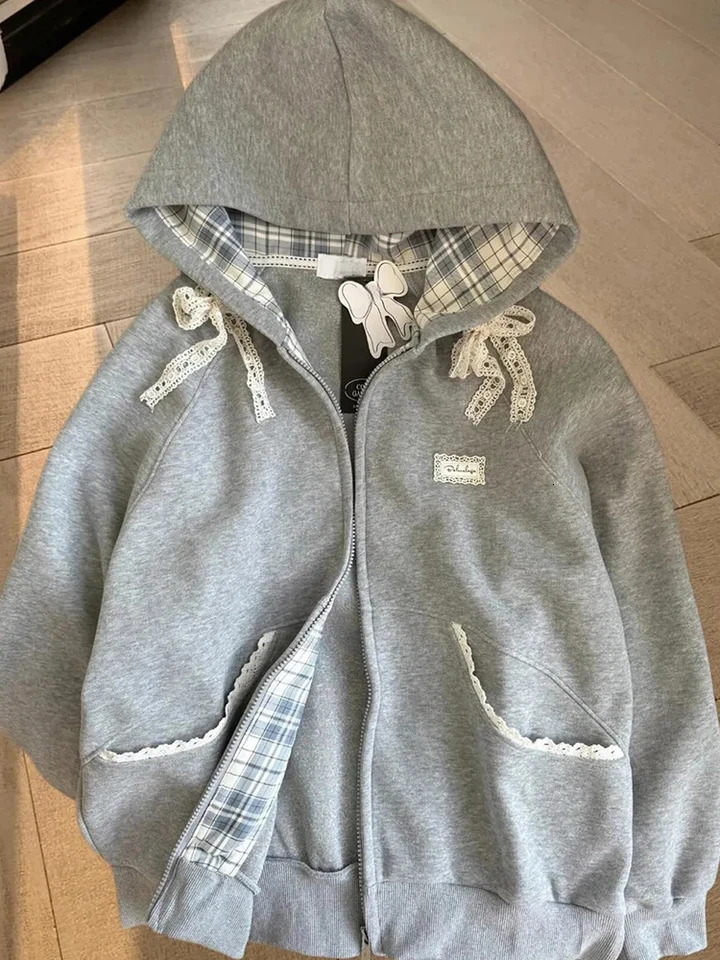 Zoki Lace Patchwork Hoodies Women Cute Bow Long Sleeve Sweatshirt Japan Preppy Style Sweet Loose Long Sleeve Female Gray Outwear 251030