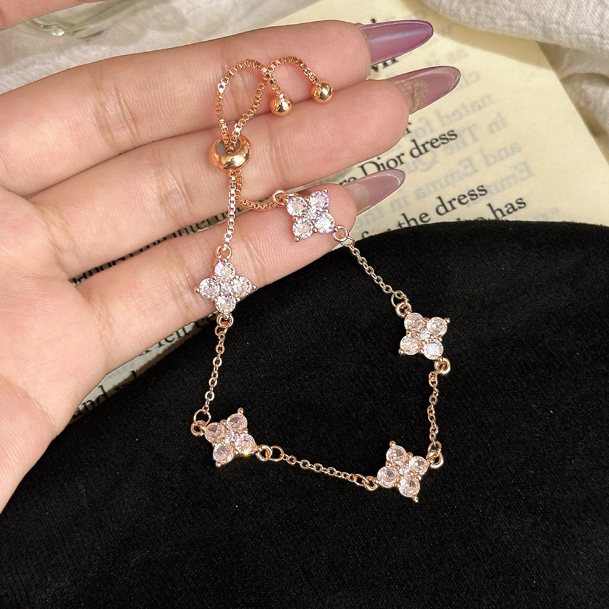 TaiYang New Five Clover Adjustable Slide Bracelet, Luxury Rose Gold Plated Copper Stackable Chain for Women