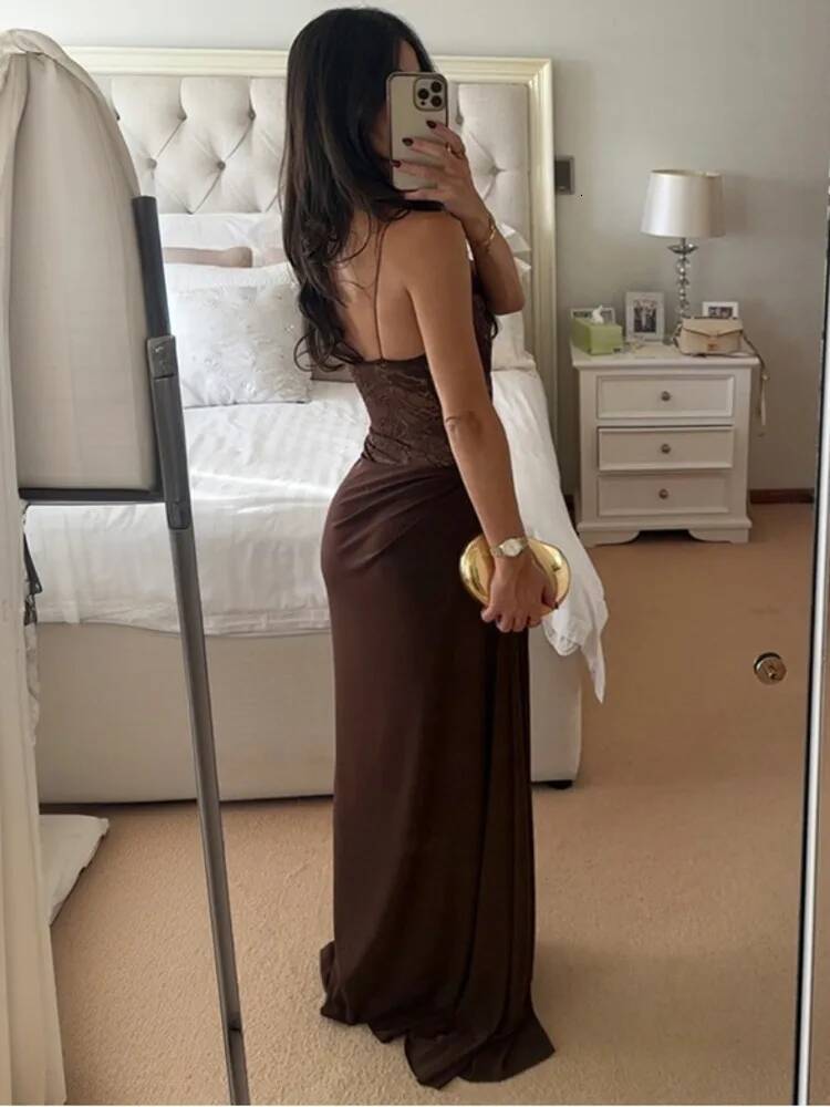 winter jacket women Mozision One Shoulder Lace See Through Sexy Maxi Dress Women Gown Fashion Off-shoulder Sleeveless Backless Club Long Dresses