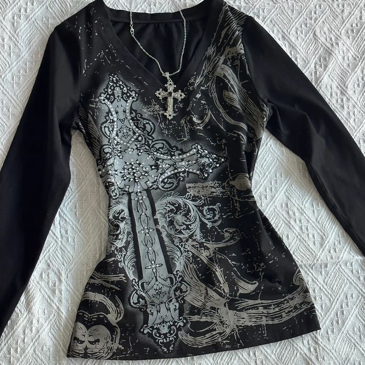 Designer clothing black printed T-shirt women's American retro spring new V-neck long sleeved waist slimming top