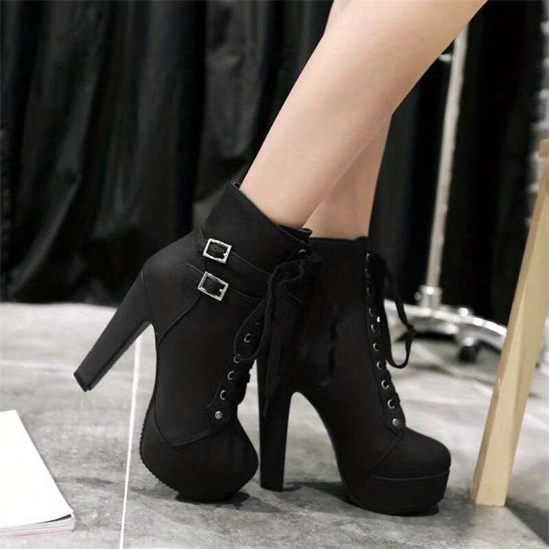 Women's Solid Color Block Heeled Fashion Lace Up Short Boots, Comfortable Ankle Boots