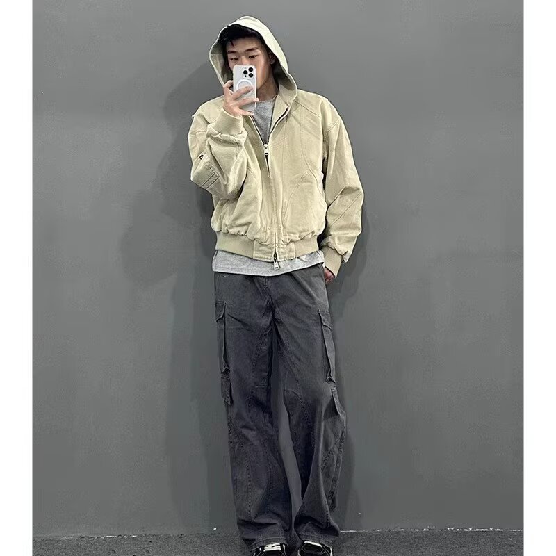 Khaki Short Jacket For Men Spring And Designer Jacket Autumn American Style Workwear Hooded Baseball Jacket High-end Feel Trendy Jacket