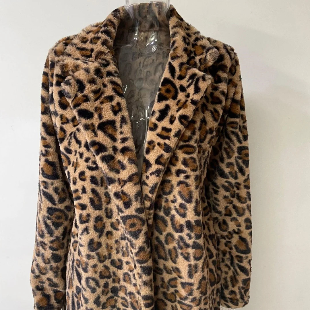 Women Autumn Winter Leopard Print Faux Fur Coat Long Sleeve Turndown Collar Fashion Outerwear Pocket Loose Thicken Overcoat 251028