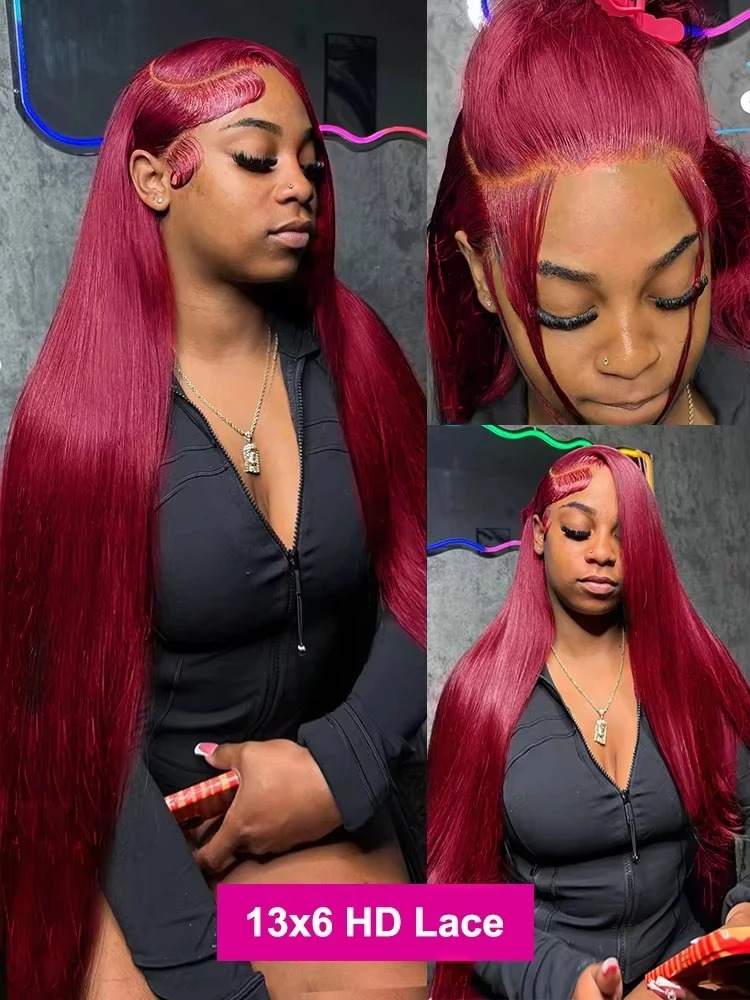 Bone Straight Human Hair Wig Burgundy Red /Black/Blonde /Pink /Brown Wig 13x4 13X6 HD Lace Frontal Wig Prepucked Brazilian Hair Glueless Ready To Wear