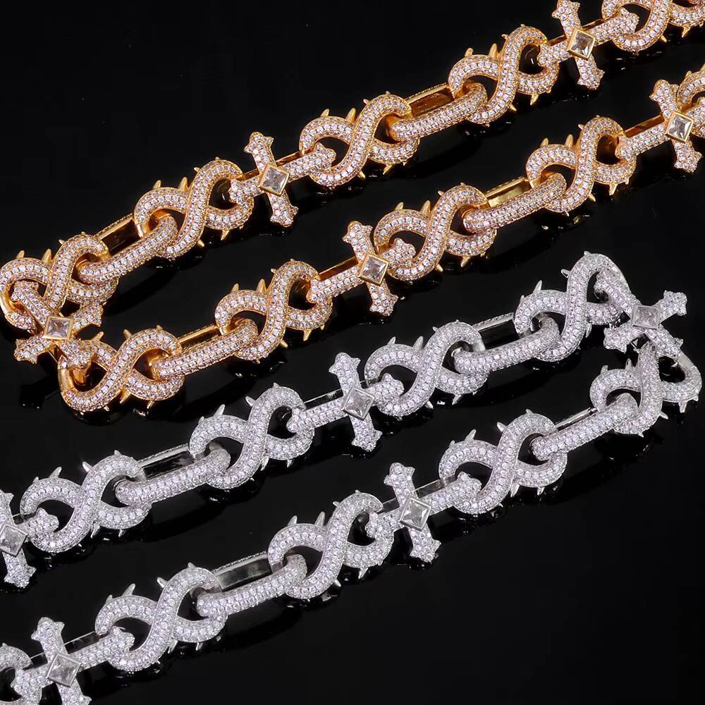 NUOYA Luxury Silver Plated Hip Hop Pants Chain Shiny Diamond Cross Micro Pave moissanite Spike Infinity Design Chain Jewelry Designer's style