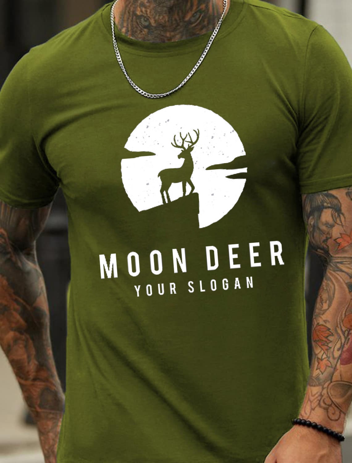 European and American Oversized Men's Cotton Summer T-Shirt with Deer Pattern Print Under the Moonlight - TT7191