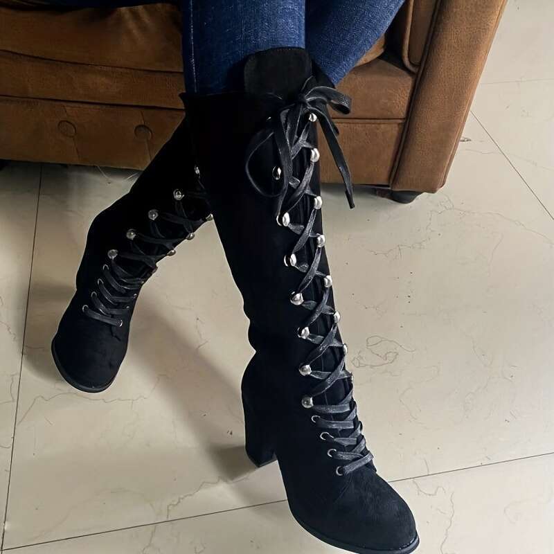 Women's Knee High Solid Color Lace Up Chunky Heeled Boots, Versatile Comfy Long Boots