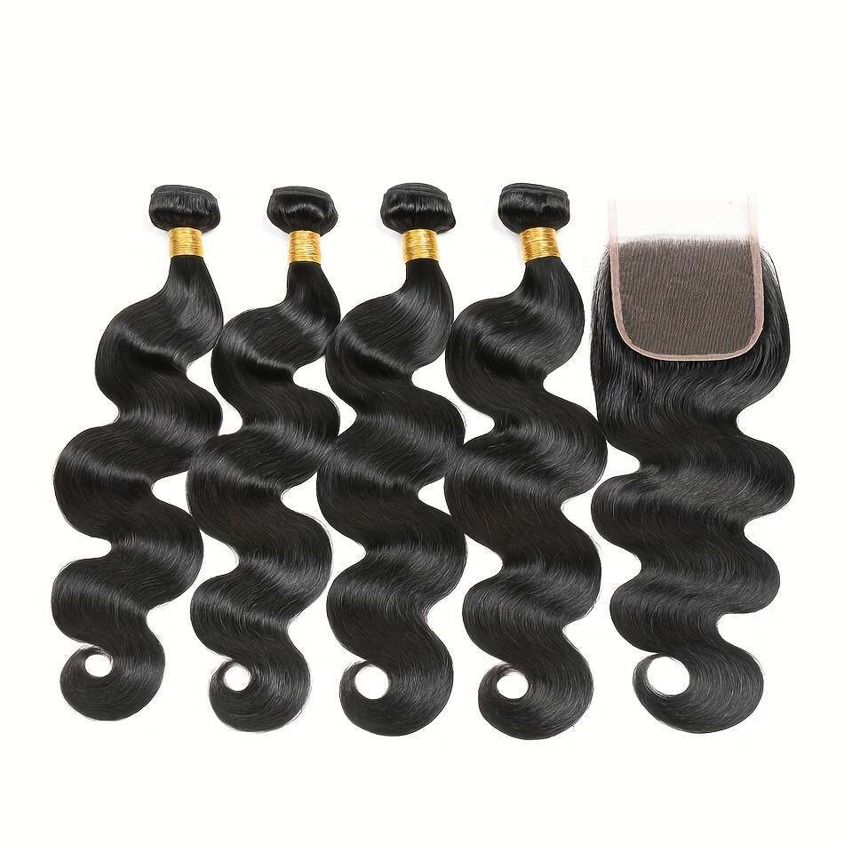 4 Bundles Brazilian Body Wave Virgin Human With 4X4 Free Part Closure - Natural Black, Unprocessed, HD Lace Transparent, Long Wavy Hair Extensions For