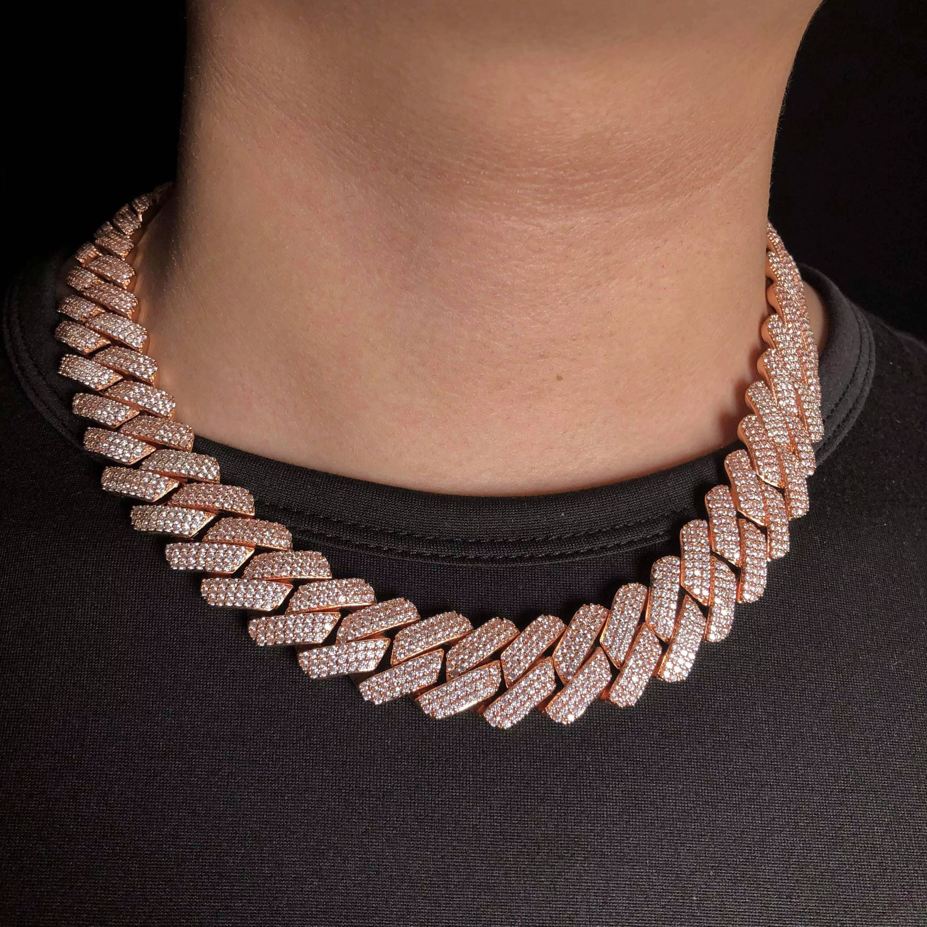 2026 Moissanite pendant necklace 19 mm Prong Ice Cuban Chain 3 Rows 18K Gold Rose Gold and White Gold