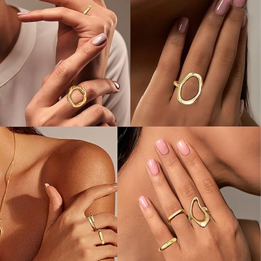 12Pcs Gold Stackable Rings 18K Gold Plated Chunky Knuckle Finger Ring Geometric Bead Cloud Wave Flower Hollow Statement Bands Signet Open Rings Adjust