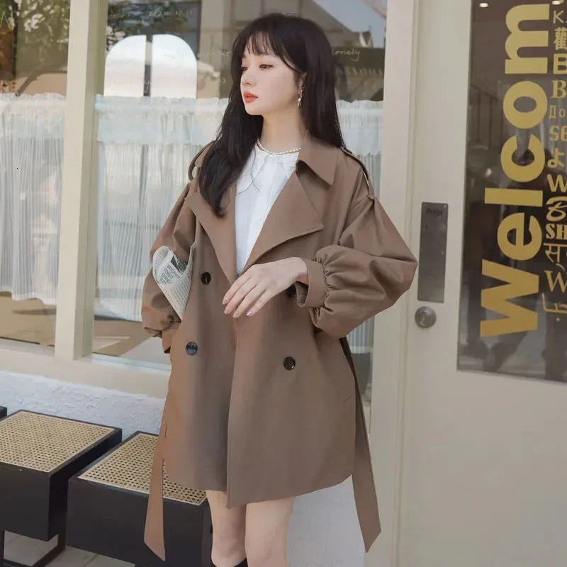 Vintage Brown Short Trench Jacket Women Korean Fashion High Street DoubleBreasted Windbreaker Autumn Winter Waistband Outwear 251030