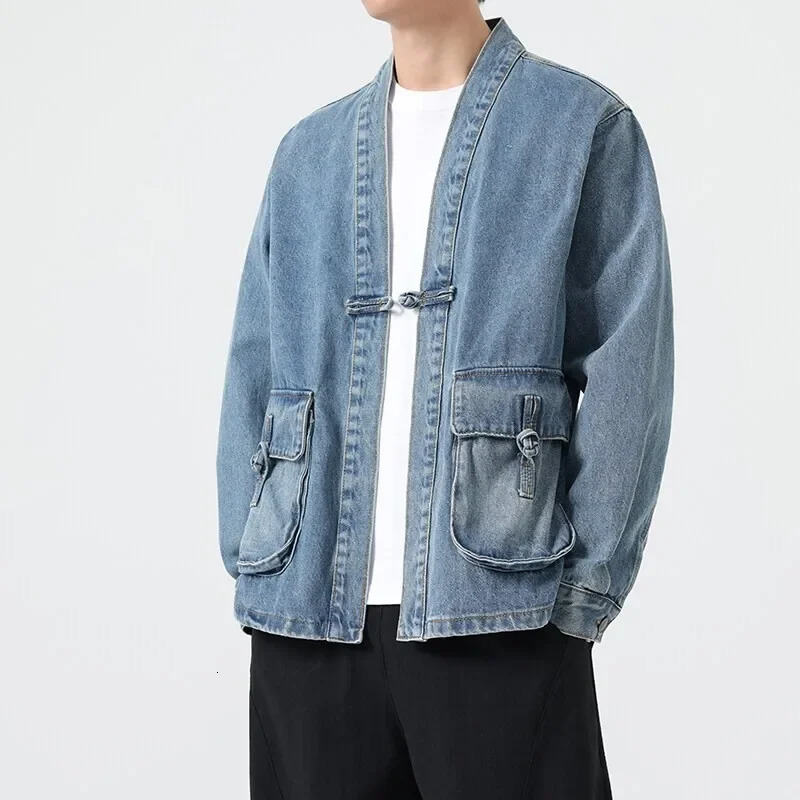 Fashion Men Denim Jacket Cotton Kimono Japanese Pocket Cardigan Coat Vintage Traditional Jackets Hip Hop Loose Outwear 251016