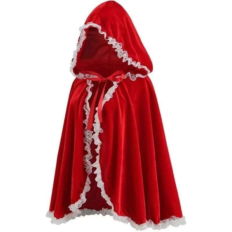 Anime Peripheral Performance Costume Role-Playing Outfit Little Riding Hood Hooded Cloak Red Cape Lace Trim