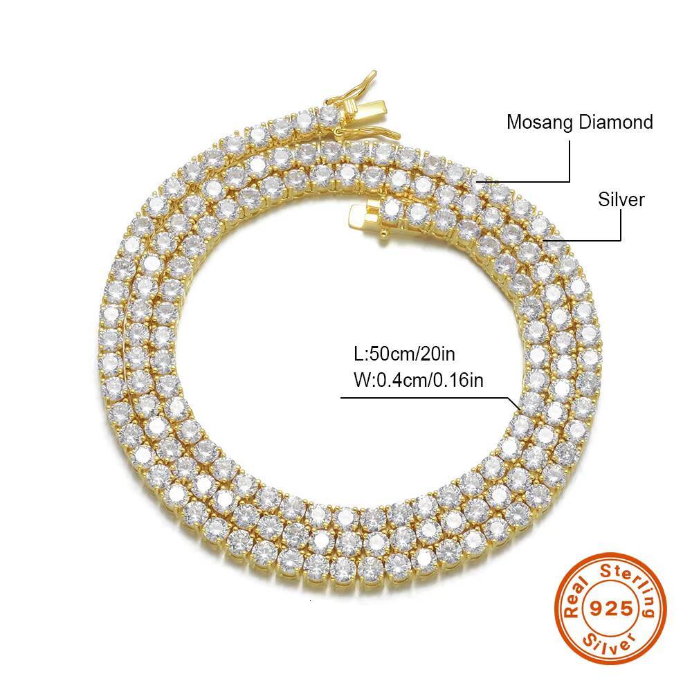 Unisex Fashion 4mm VVS Moissanite Diamond Tennis Bracelet Womens Men Gold 925 Sterling Silver Lab Grown Mossanite Necklace