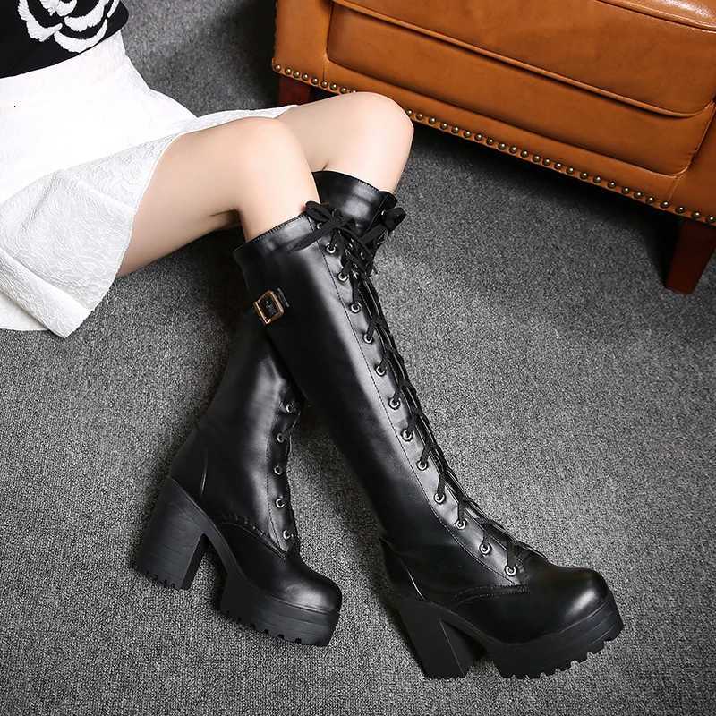 Gdgydh Hot Sale Spring Autumn Lacing Knee High Boots Women Fashion White Square Heel Woman Leather Shoes Winter PU Large Size 43 Z251029
