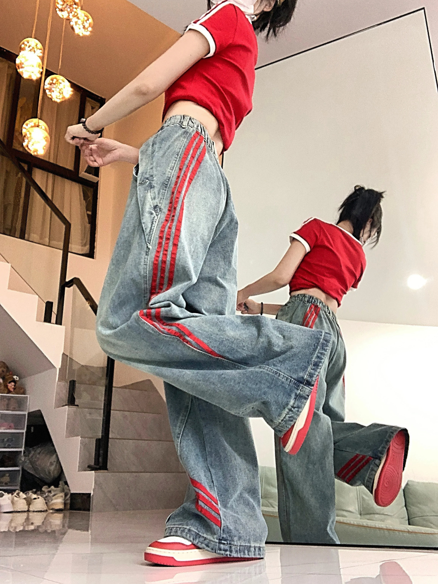 Womens Loose Trendy StraightLeg Striped Patchwork Casual WideLeg Jeans with Drape 251029