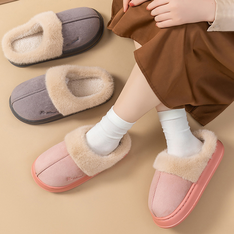 winter designer slides warm plush cotton slippers soft comfortable flats non-slip couples slide chic casual brown gray pink indoor house shoes size 36