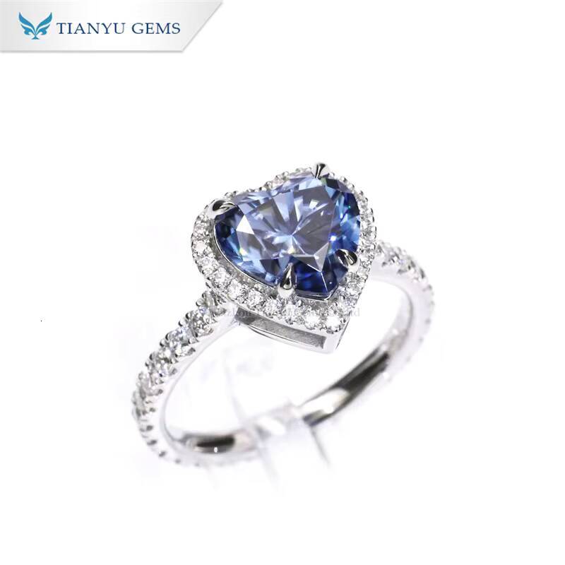 Tianyu Gems Heart Cut 9mm 3ct Vivid Blue Moissanite halo Ring 18k 14k 10k White Gold Women Synthetic Diamond Ring Custom Jewelry