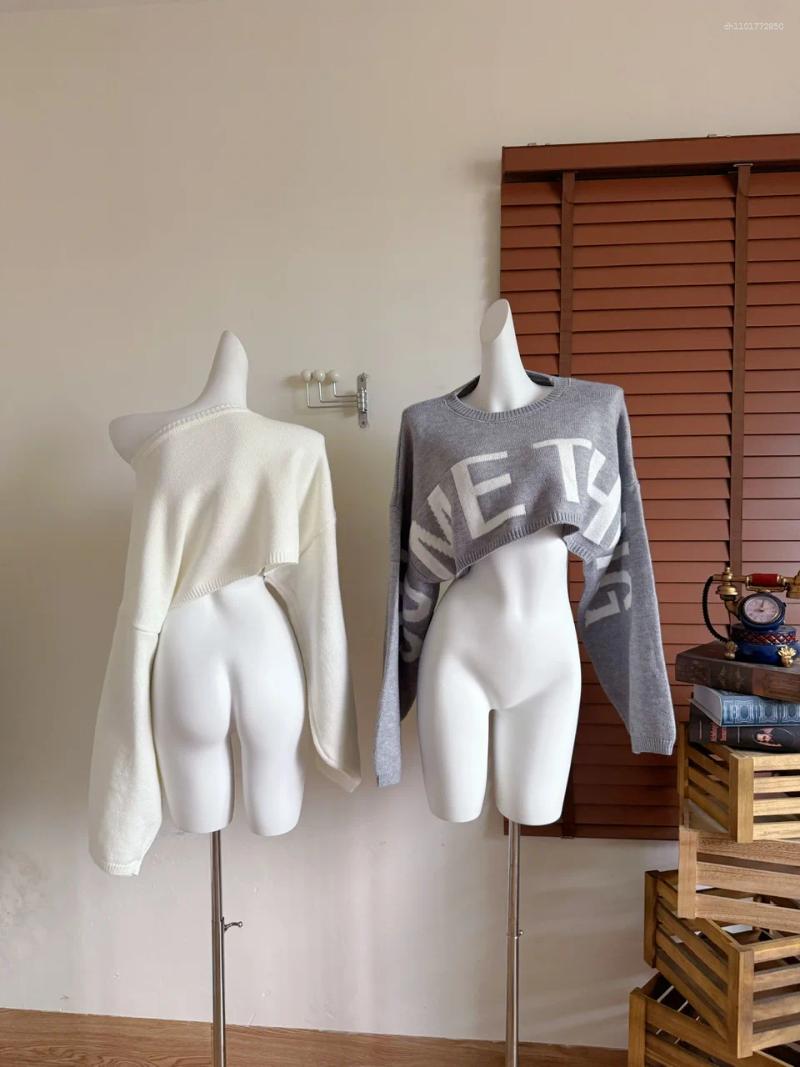 Women's Sweaters Letter Print Loose Crop Sweater Spring Autumn Casual O Neck Lady Solid Color Pullover Large And Long Sleeve Short Jumper