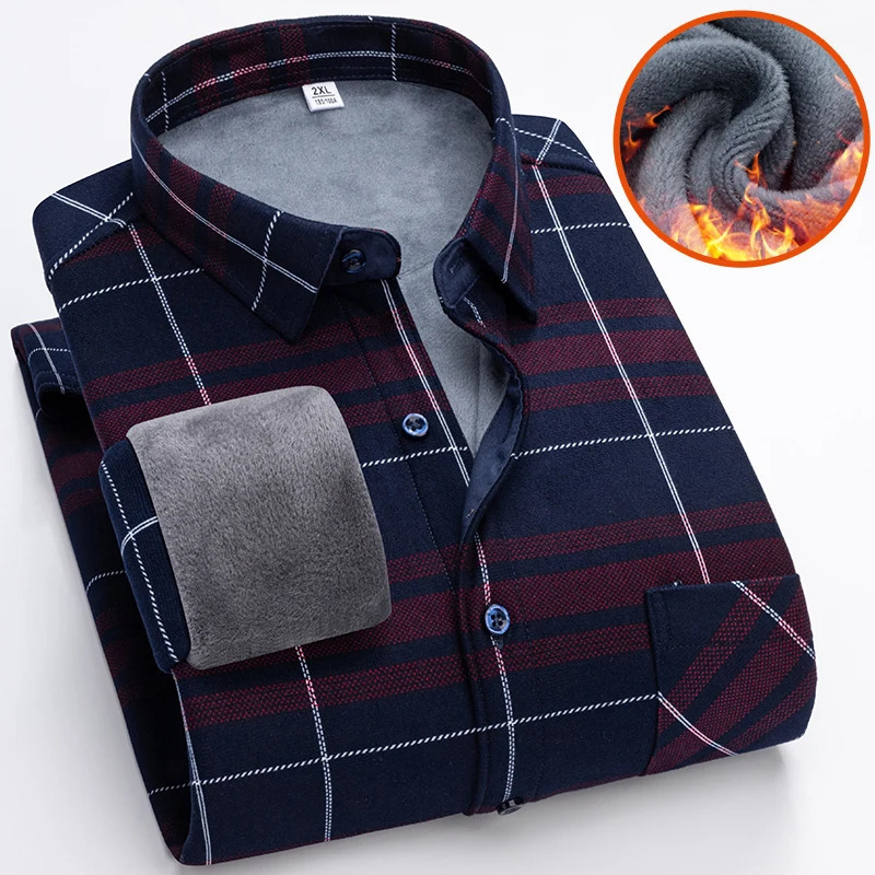Autumn Winter Thicken Fleece Shirt Men Business Plaid Long Sleeve Warm Clothes Turn Down Collar Button Up Shirts Classic 251029