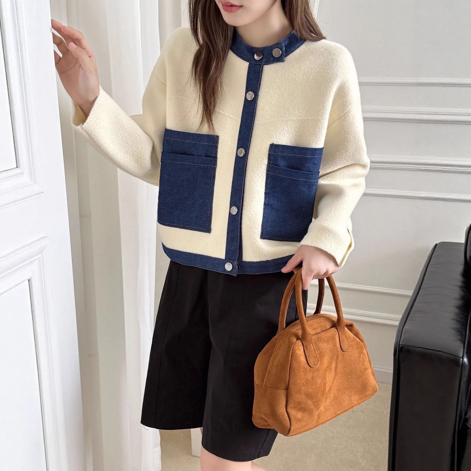 Women Cardigan Sweaters Coats Denim Splice Jackets Round Neck Jumpers Y2k Streetwear Elegant Knit Open Stith Autumn Winter 251029