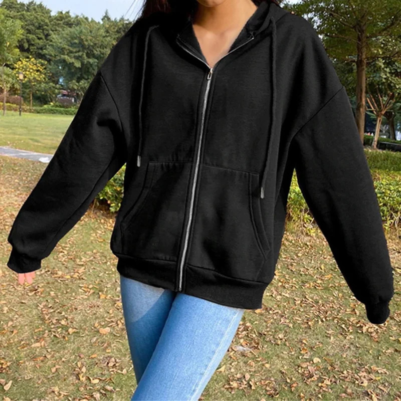 Autumn Fleece Hoodie Solid Color Hooded Korean Fashion Sweatshirts Long Sleeve Top Drawstring Pockets Loose Zipper Black Hoodies 251030