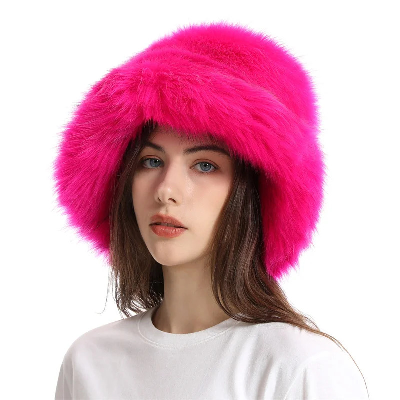 2025 Fluffy Faux Fur Bucket Hat Purple Women Fur Warm Thick Plush Winter Hat Lady Fashion Furry Panama Fisherman Cap 251028