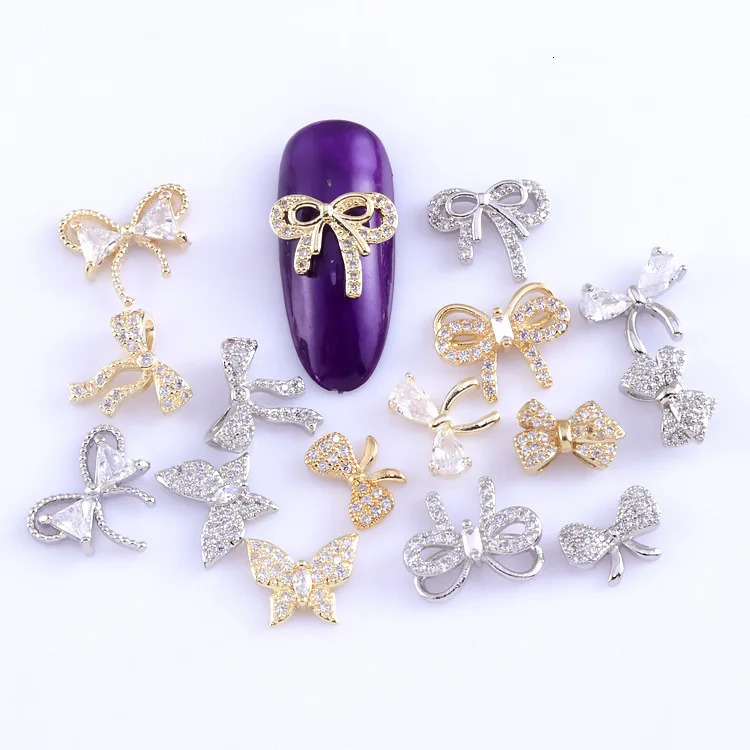 10pcs Nail Art Jewelry Rhinestones Net Red Butterfly Zircon Bow Nail Sticker Diamond Real Gold Electroplating Decorations 251027