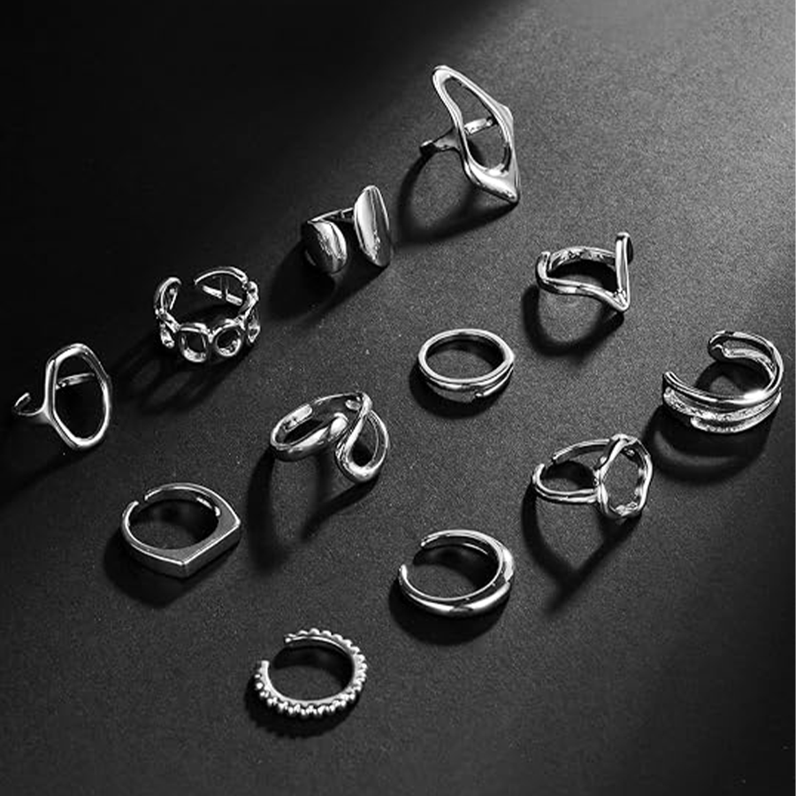 12Pcs Silver Stackable Rings Silver Plated Chunky Knuckle Finger Ring Geometric Bead Cloud Wave Flower Hollow Statement Bands Signet Open Rings Adjust