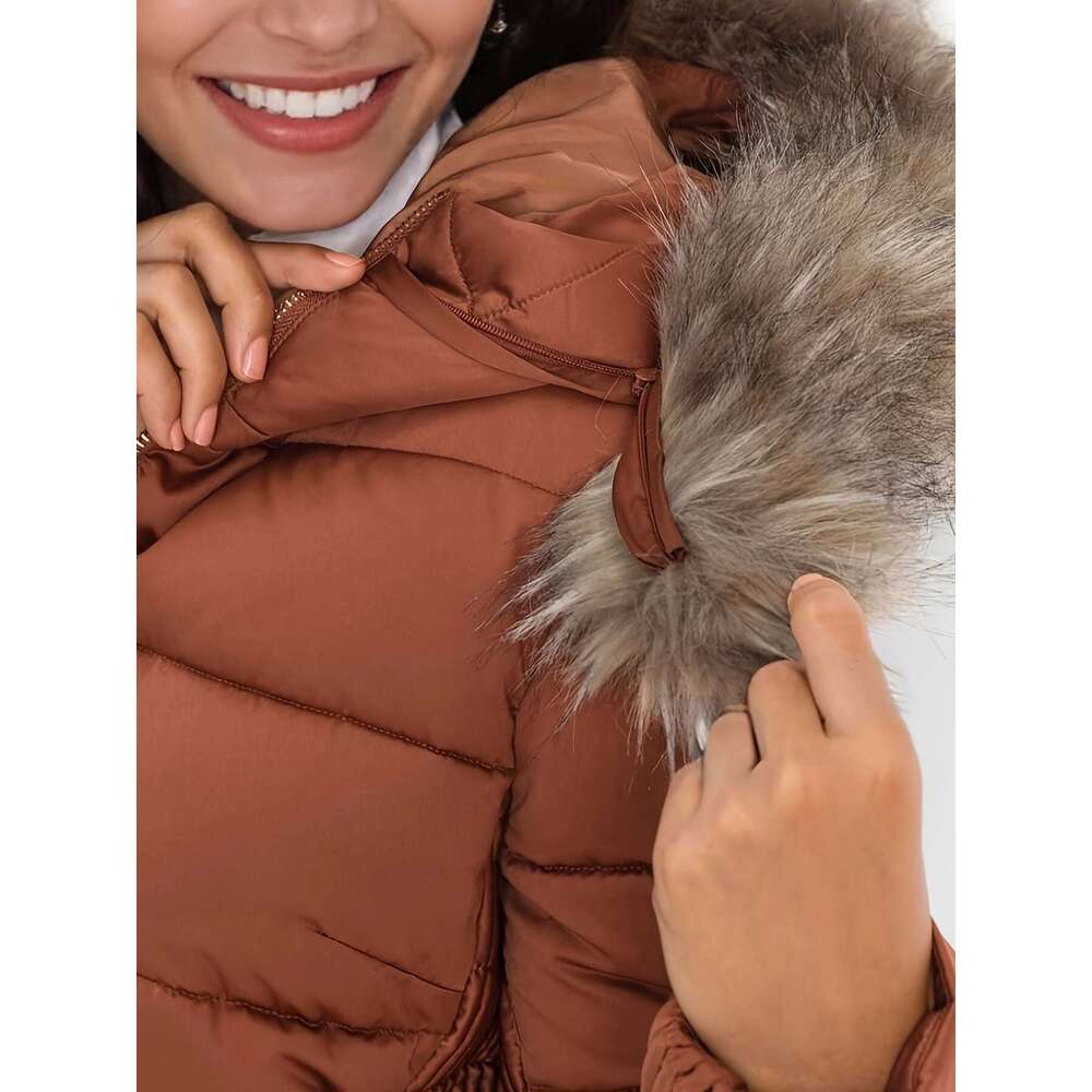 Women S Lightweight Quilted Hooded Jacket With Detachable Faux Fur Hood Golden Metal Zipper Side Gathers Hine Washable Regular Fit Coat For Fall Winte