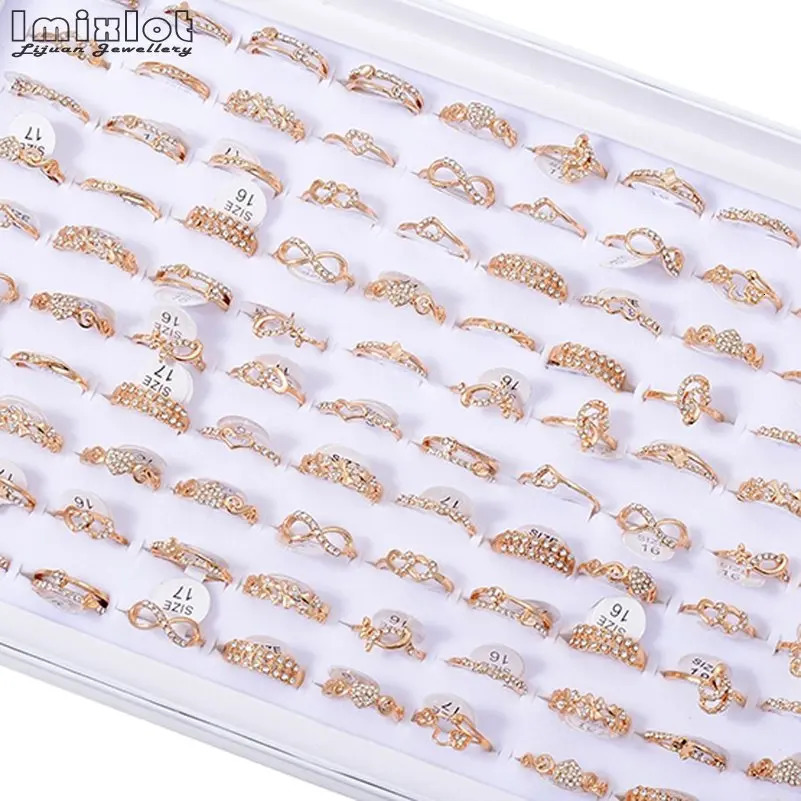 10pcs Wholesale Lots Bulk Rings Jewelry Fashion Gold Color Crystal Rhinestone Wedding Rings Female Jewelry 0201 251023