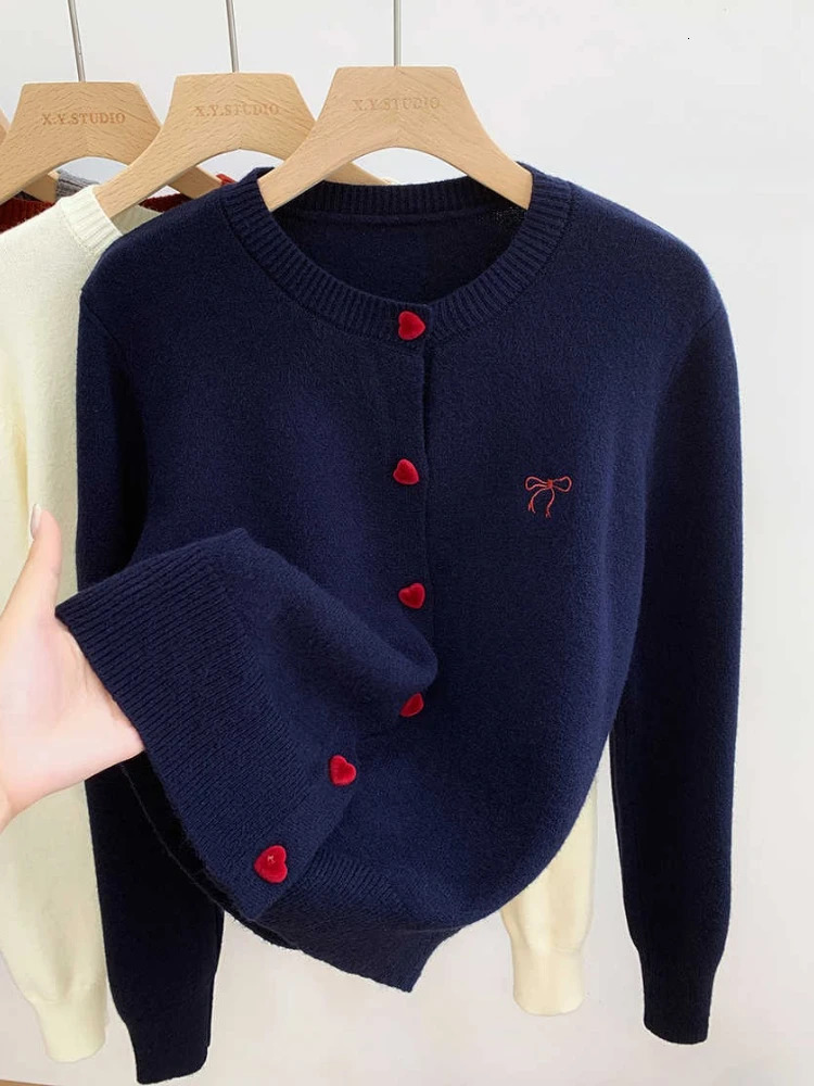 Korean Casual Solid Tops Women ONeck Single Breasted Heart Button Sweater Bow Embroidery Knitted Cardigan Woman Clothes 45 251028