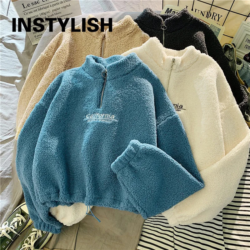 Women Stand Neck Fleece Cropped Hoodies Autumn Letter Embroidery Long Sleeve Drawstring Sweatshirt Elegant Plush Velvet Tops 251030