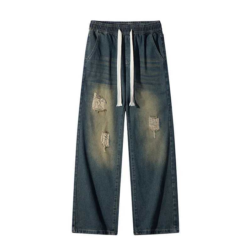 Broken hole jeans mens 2025 summer new loose straight leg American high street wide leg pants trendy brand versatile long pants J251030